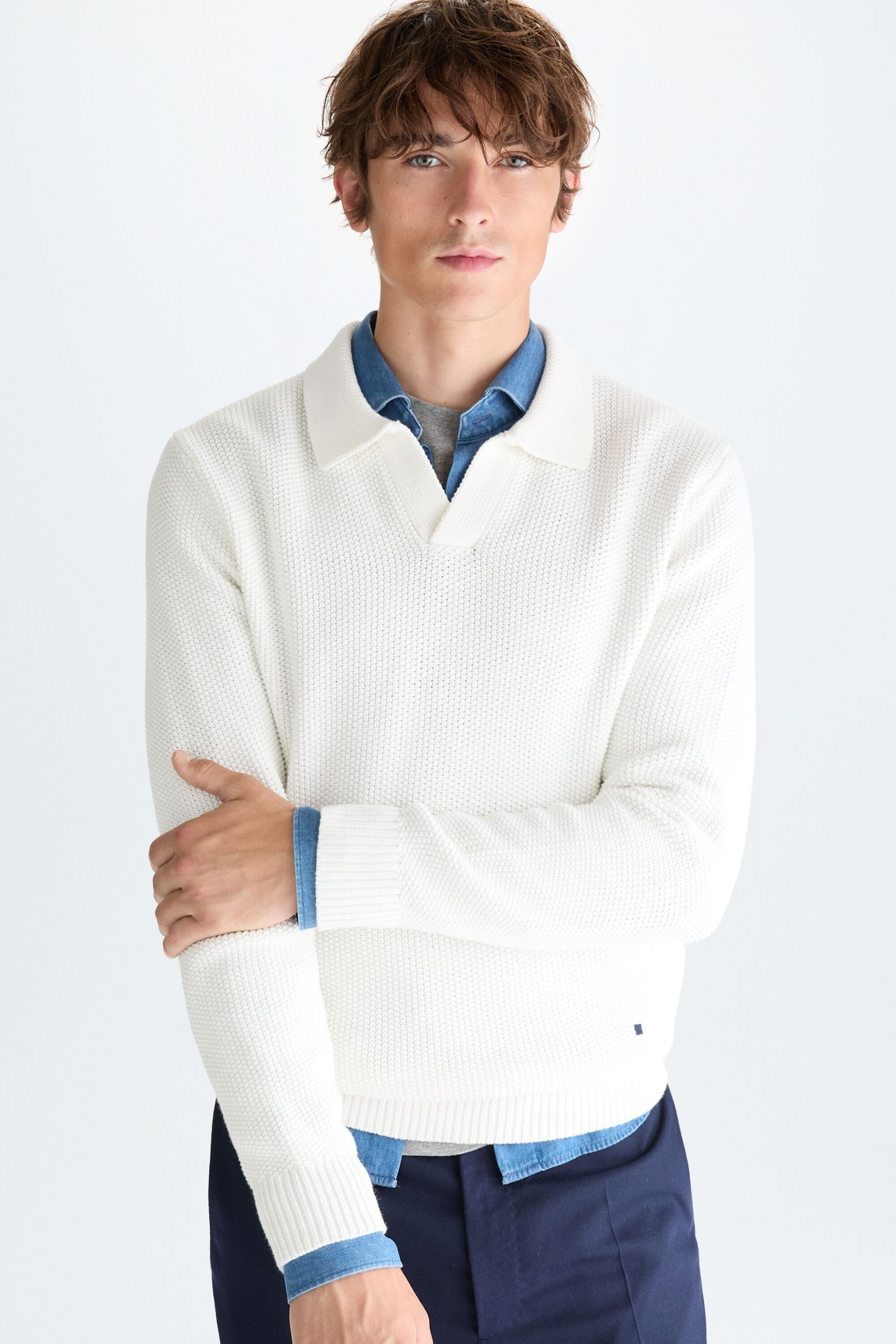 Polo collar textured cotton sweater