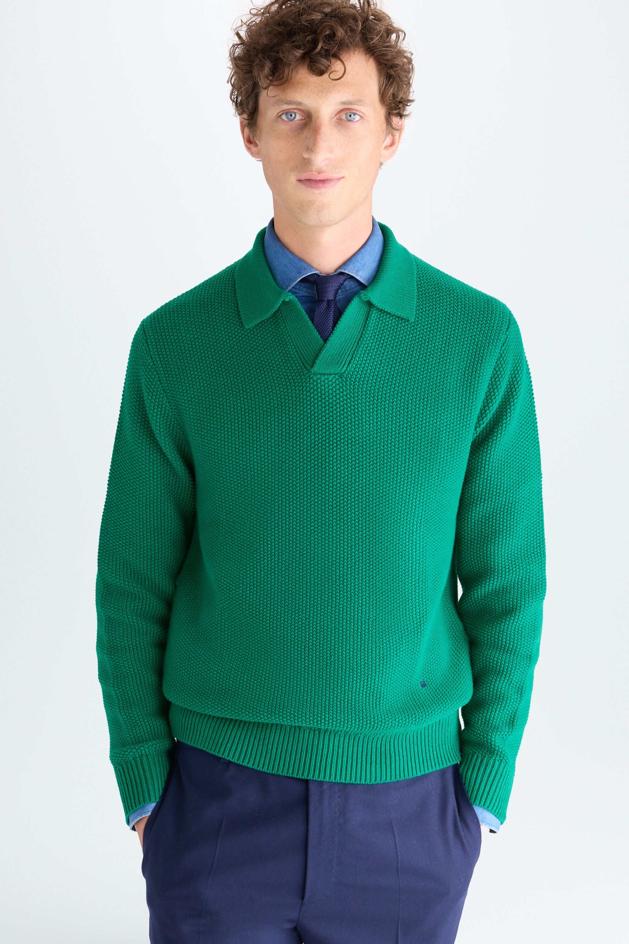 Polo collar textured cotton sweater