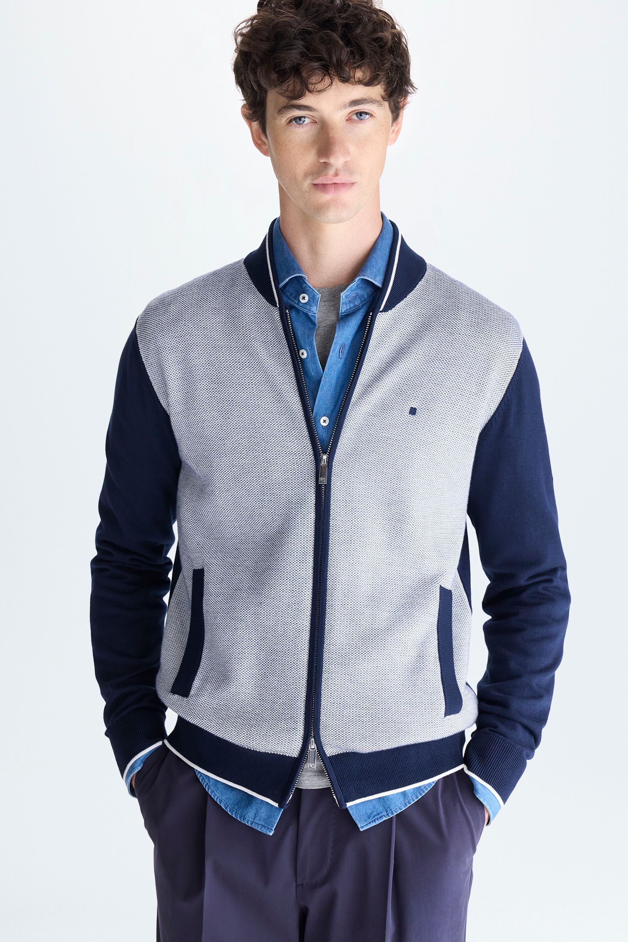 Pima cotton jacquard knit bomber jacket