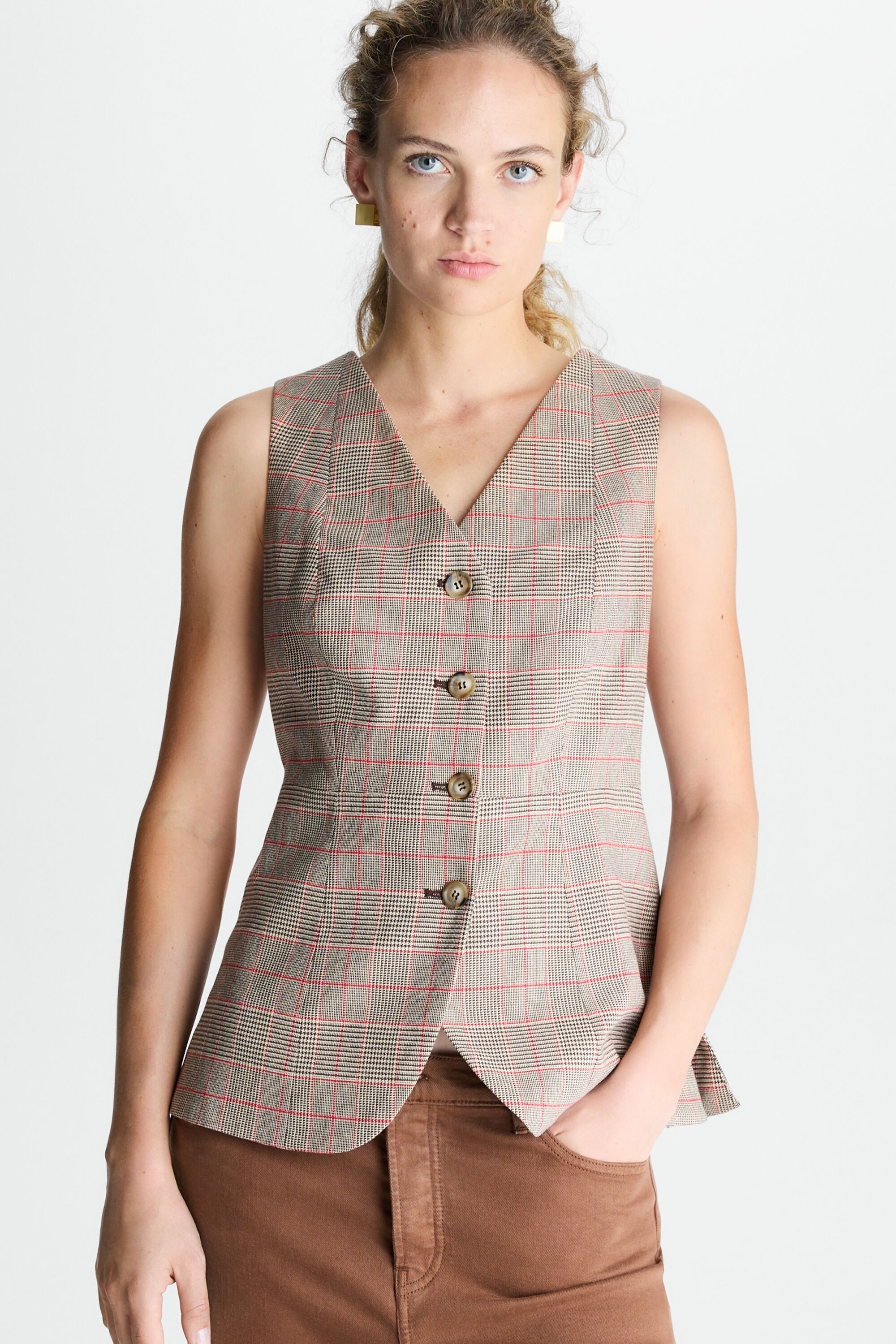 Chequered double-faced cotton fitted gilet