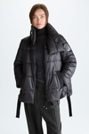 High-neck quilted nylon A-line coat