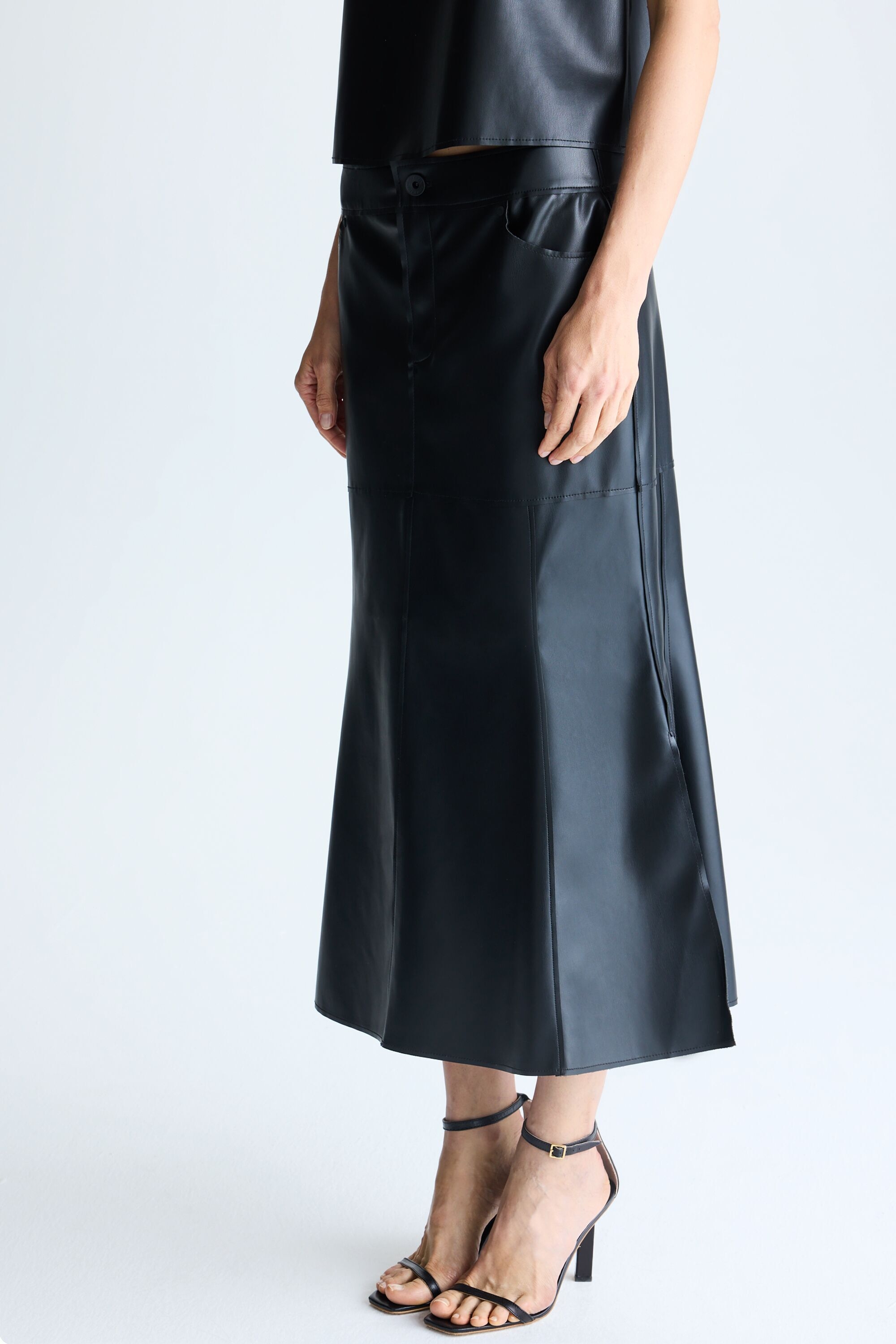 Faux-leather A-line midi skirt