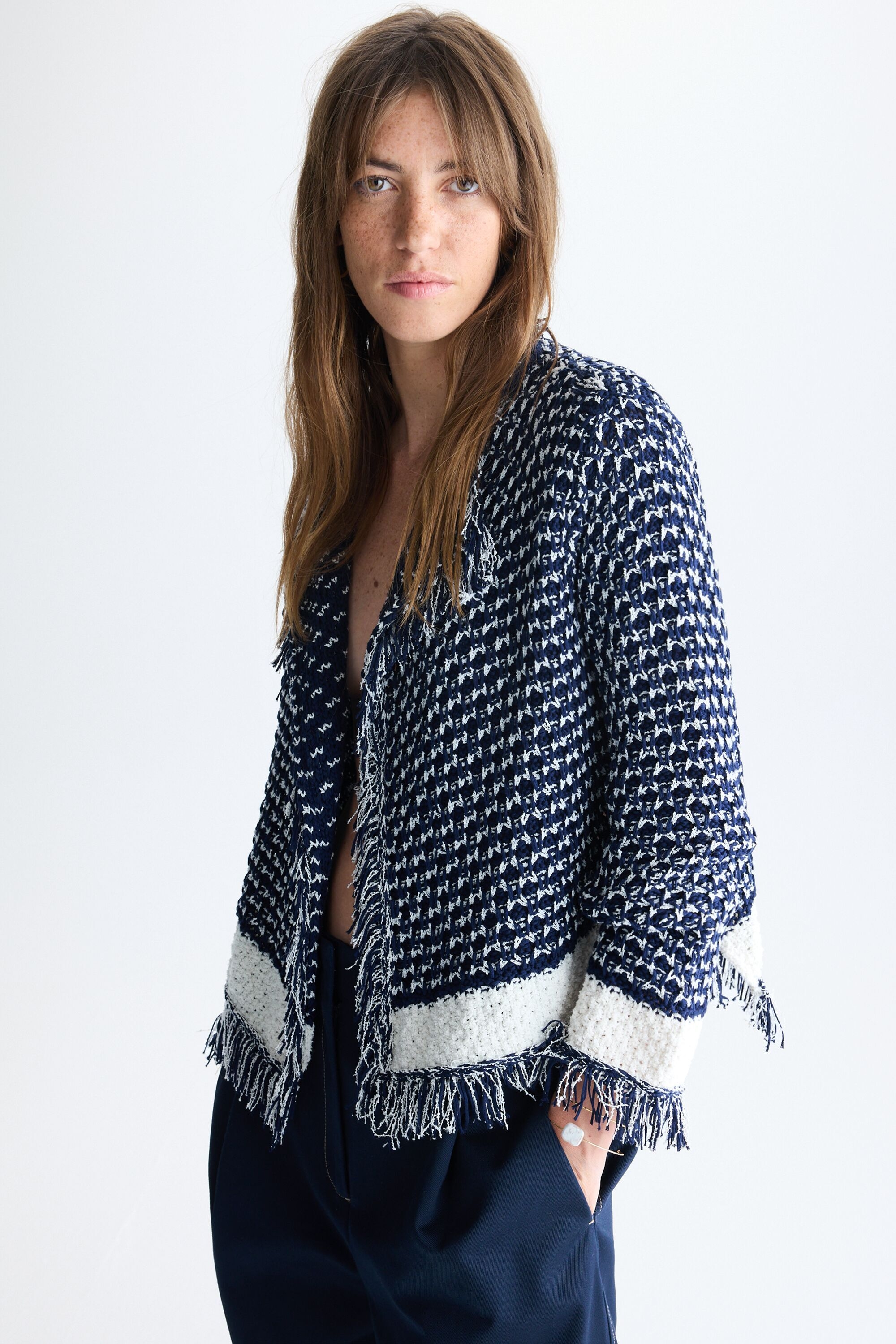 Fancy tape boucle woven A-line short jacket