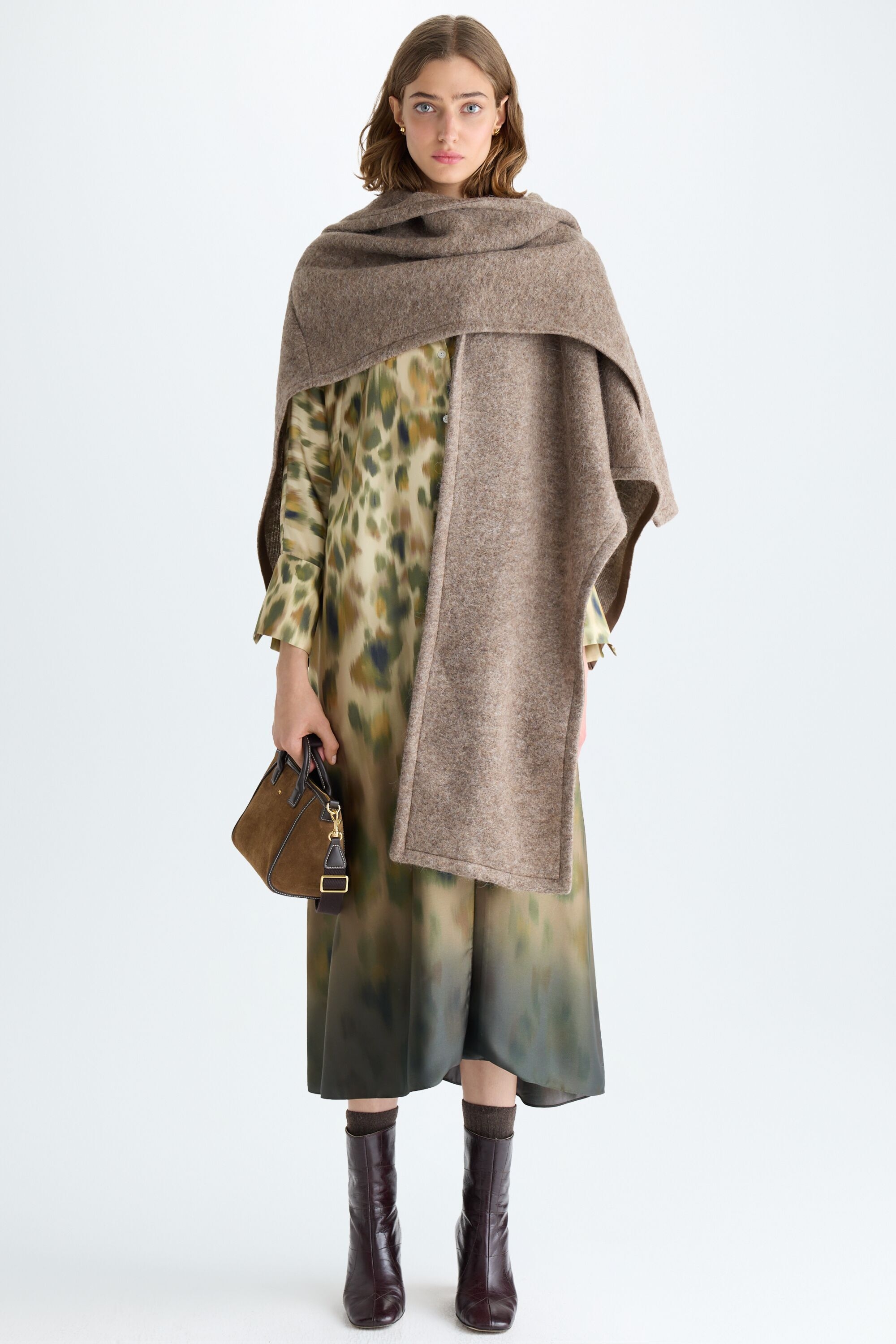 Hooded wool mohair open poncho