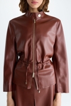 Gathered waist faux-leather fitted jacket