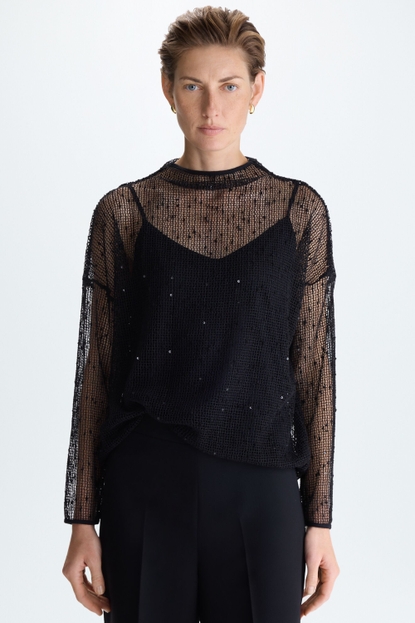 INTERIOR TOP SEQUINNED MESH OVERSIZE T-SHIRT